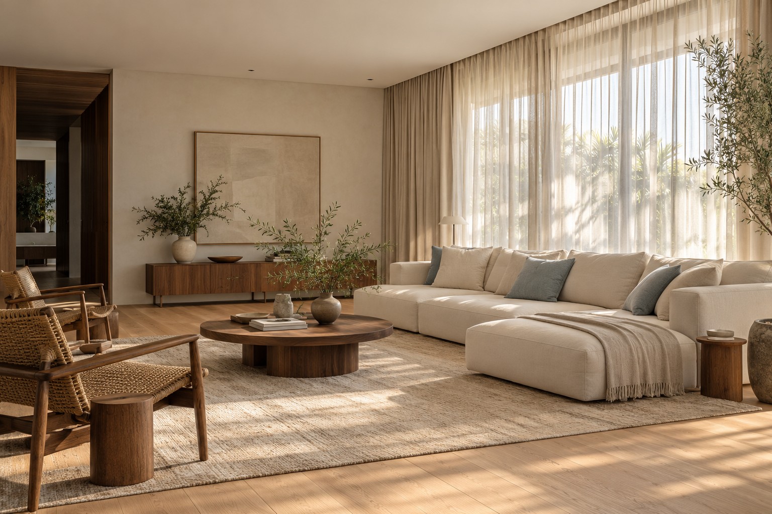 Persianas e cortinas em ambientação ilustrativa