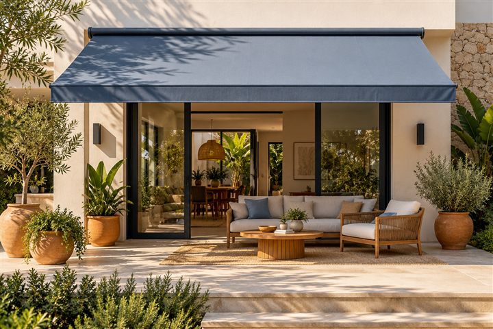 Toldo azul em fachada com tons claros — imagem ilustrativa