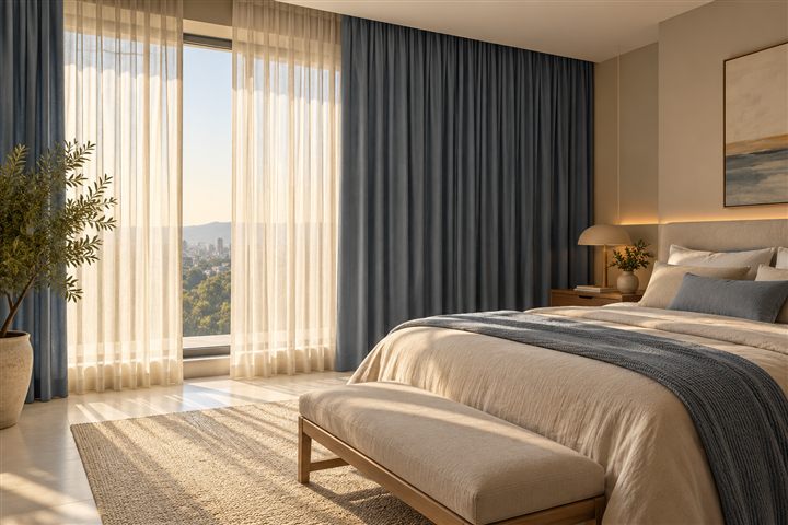 Quarto com cortina azul e tecido leve junto à janela — imagem ilustrativa