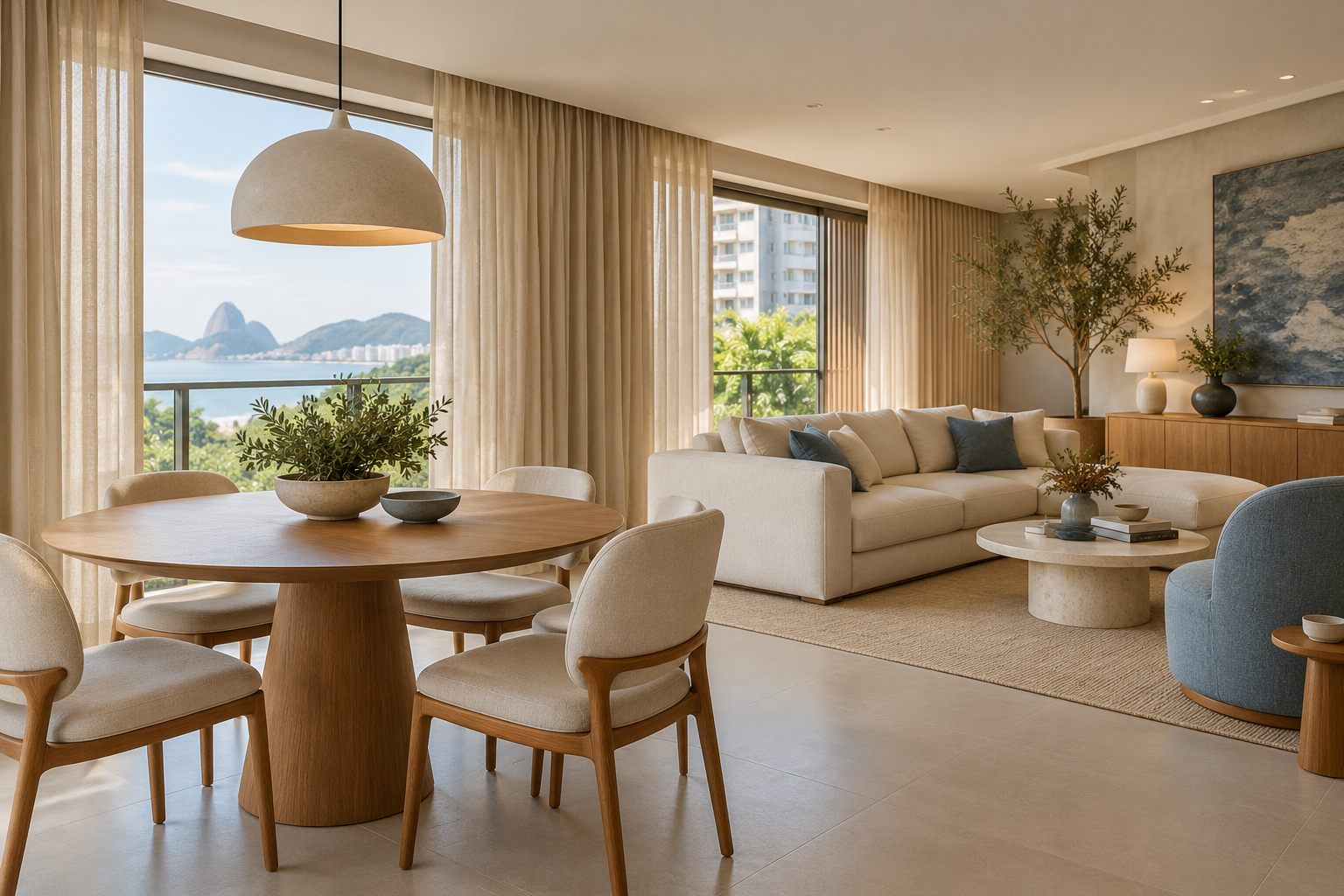 Cortinas coordenadas em sala de estar e jantar integradas — imagem ilustrativa