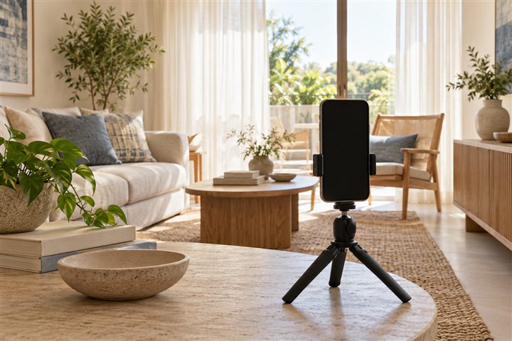 Celular em tripé para fotografar um ambiente — imagem ilustrativa