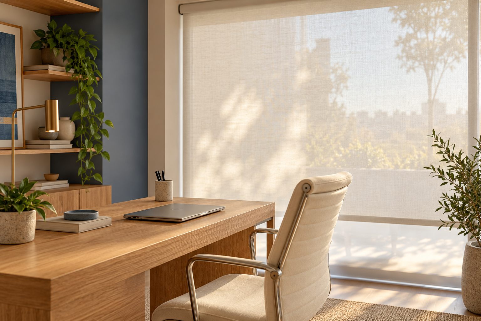 Persiana rolô em home office com mesa de madeira — imagem ilustrativa