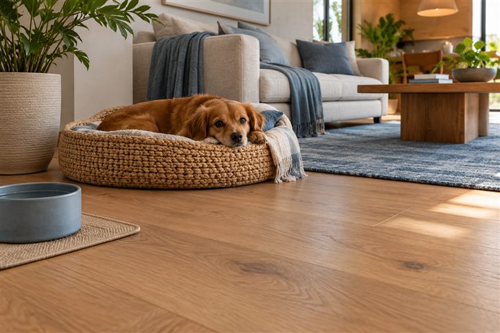 Cachorro em ambiente com piso de madeira e decoração neutra — imagem ilustrativa