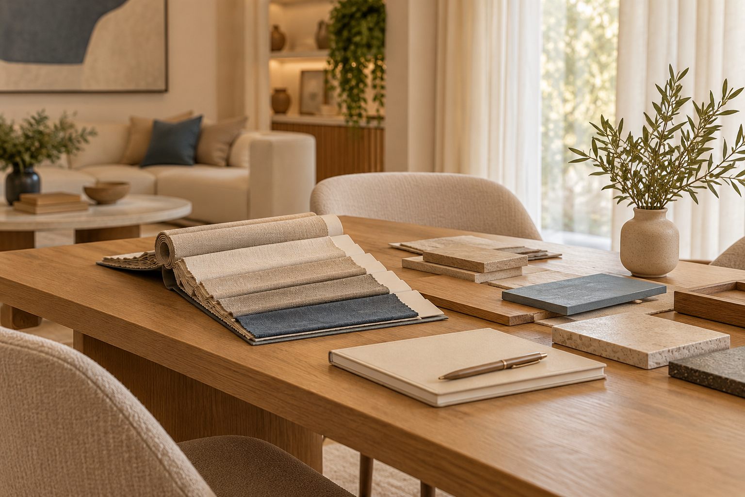 Mesa com tecidos e materiais para planejar a decoração — imagem ilustrativa